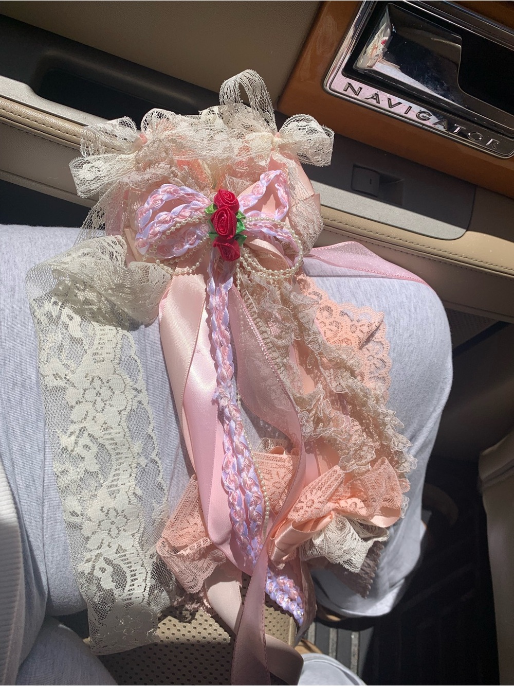 Delicate Pink Lace Ribbon Hair Bow with Rose Accent
